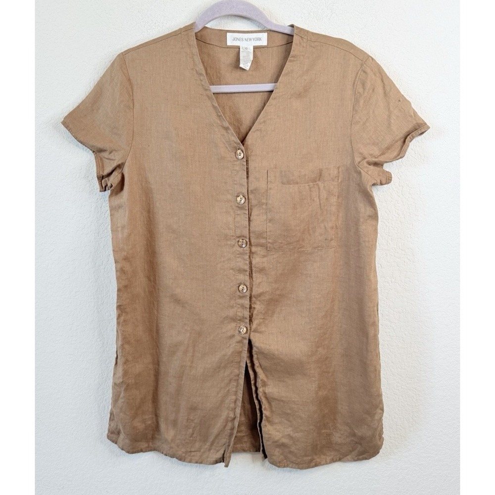 Jones New York 100% Linen Button Up Blouse Women's 10 Brown Short Sleeve Coastal